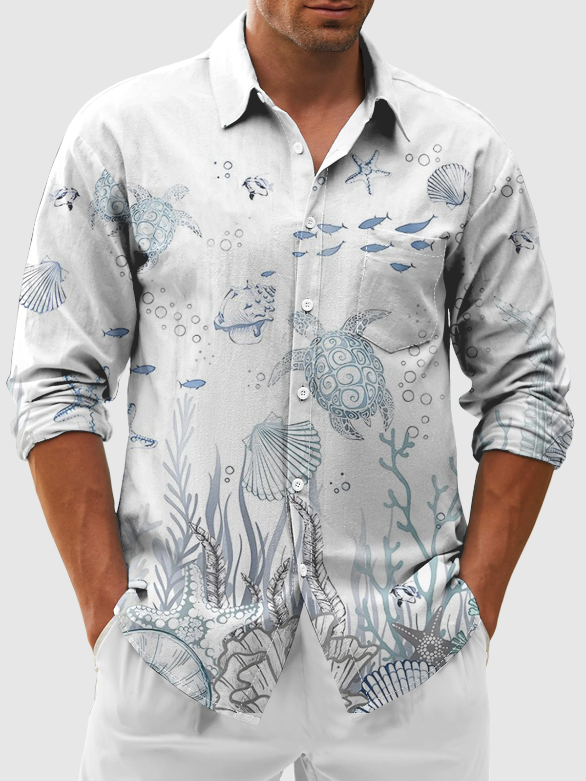 Moisture-Wicking Underwater World Sea Turtle Chest Pocket Casual Long Sleeve Shirt