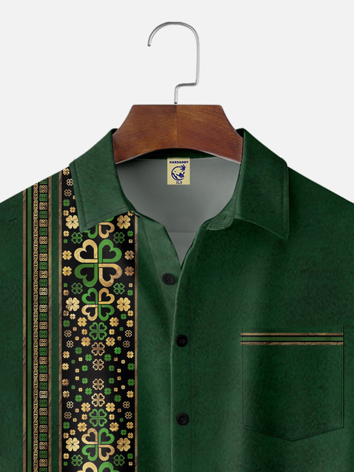 Big Size Moisture-wicking St. Patrick's Day Four Leaf Clover Stripe Chest Pocket Bowling Shirt