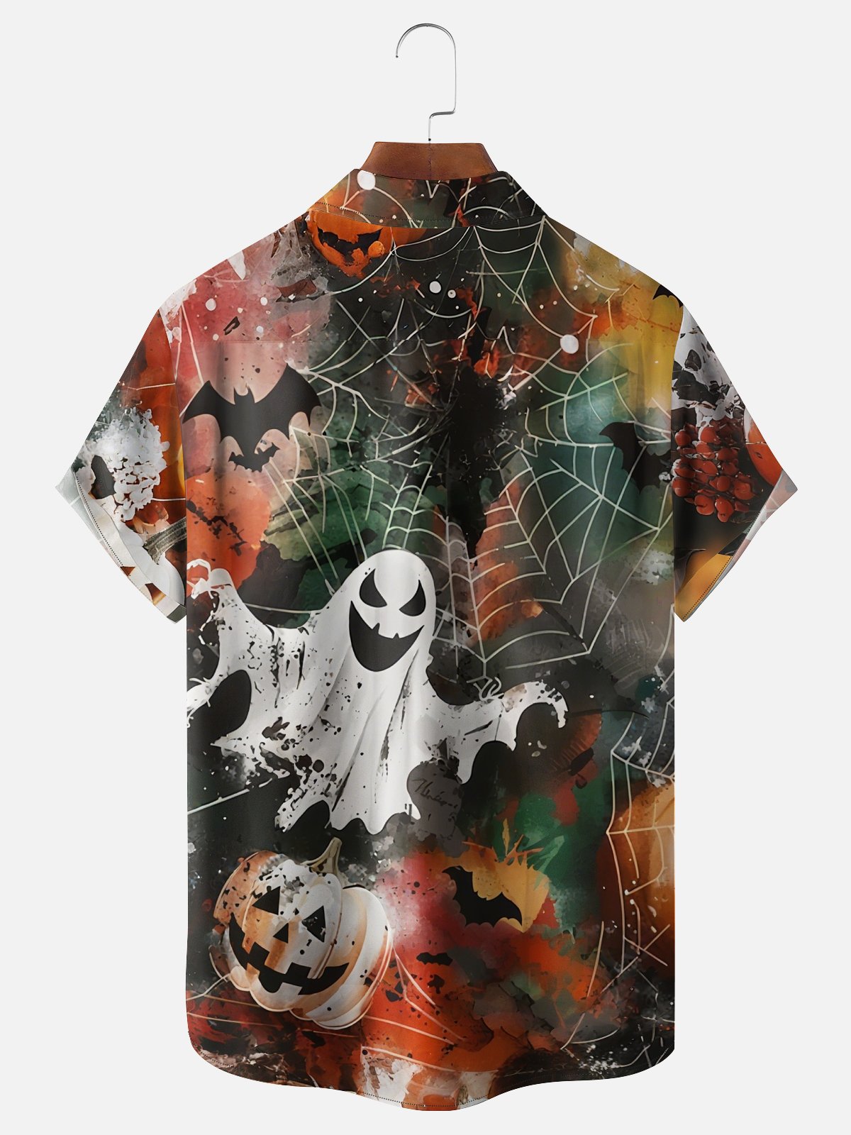 Moisture-Wicking Halloween Spooky Pumpkin Bat Spider Chest Pocket Hawaiian Shirt