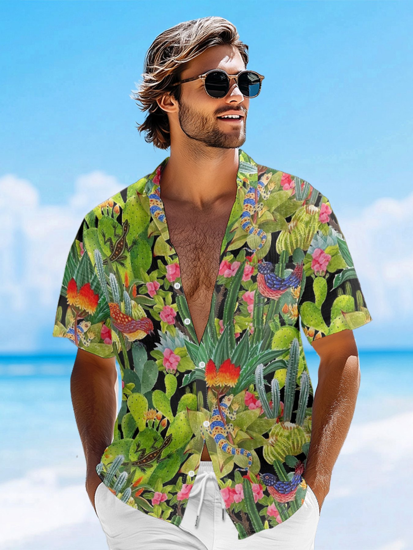 Moisture-wicking Cactus Lizard Chest Pocket Hawaiian Shirt