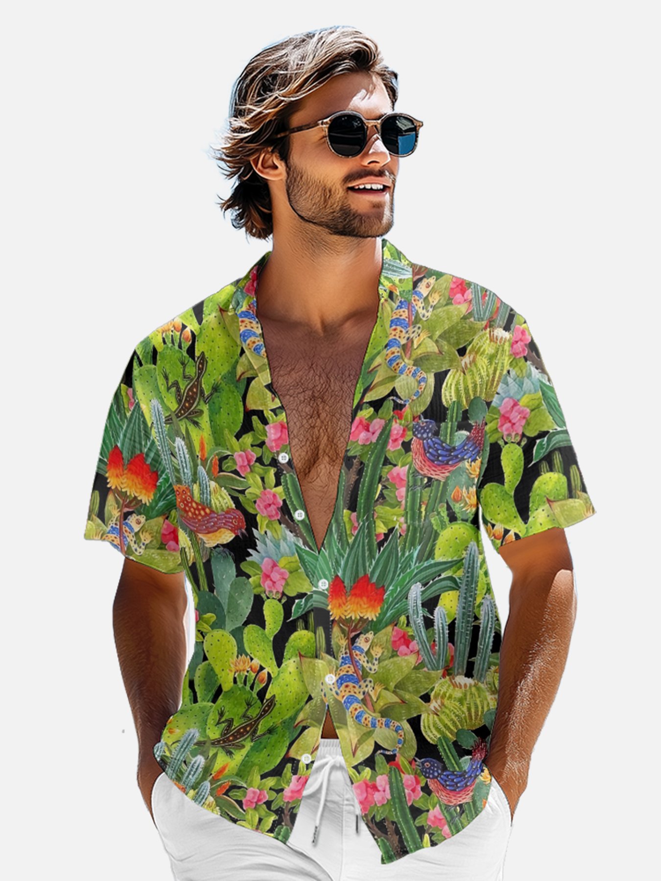 Moisture-wicking Cactus Lizard Chest Pocket Hawaiian Shirt