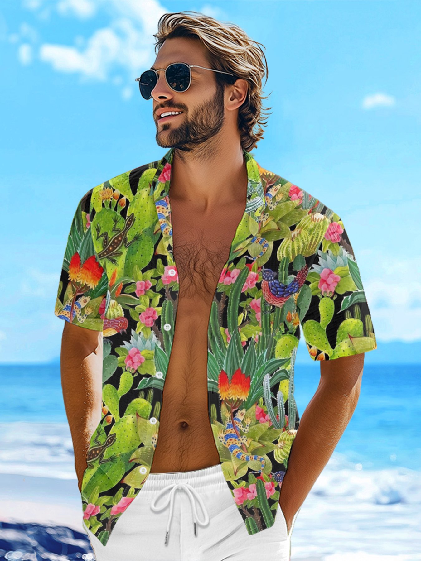 Moisture-wicking Cactus Lizard Chest Pocket Hawaiian Shirt