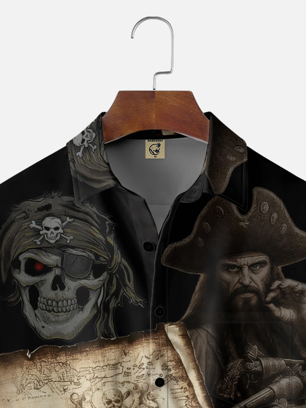 Moisture-Wicking Pirate Skull Map Chest Pocket Hawaiian Shirt