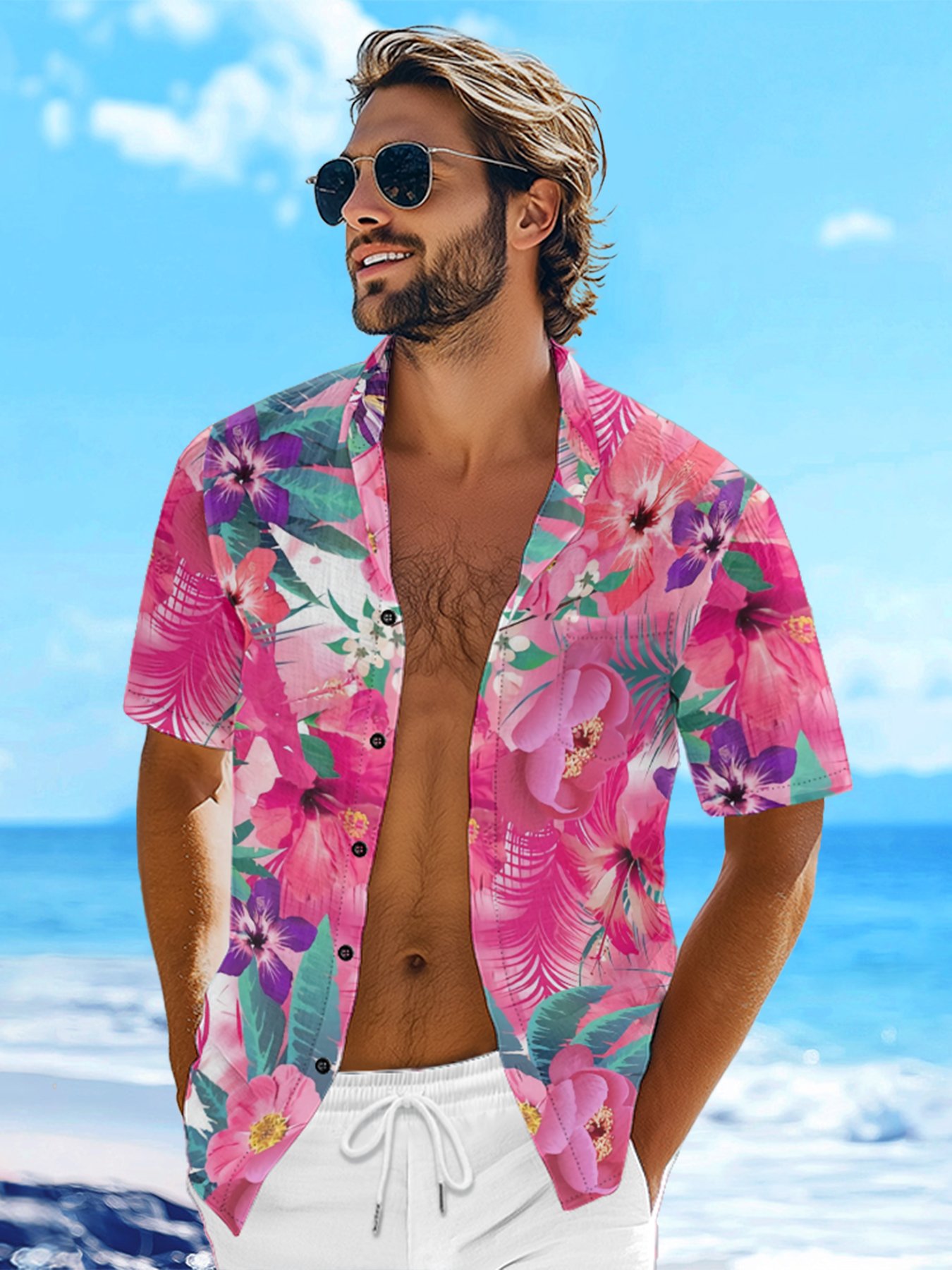 Moisture-wicking Tropical Floral Chest Pocket Hawaiian Shirt