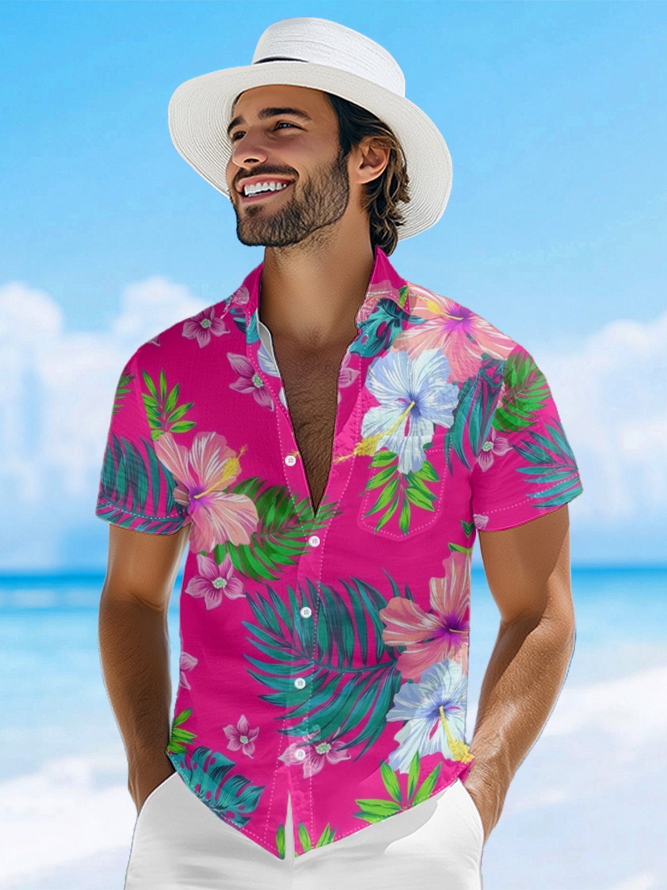 Moisture-wicking Floral Chest Pocket Hawaiian Shirt