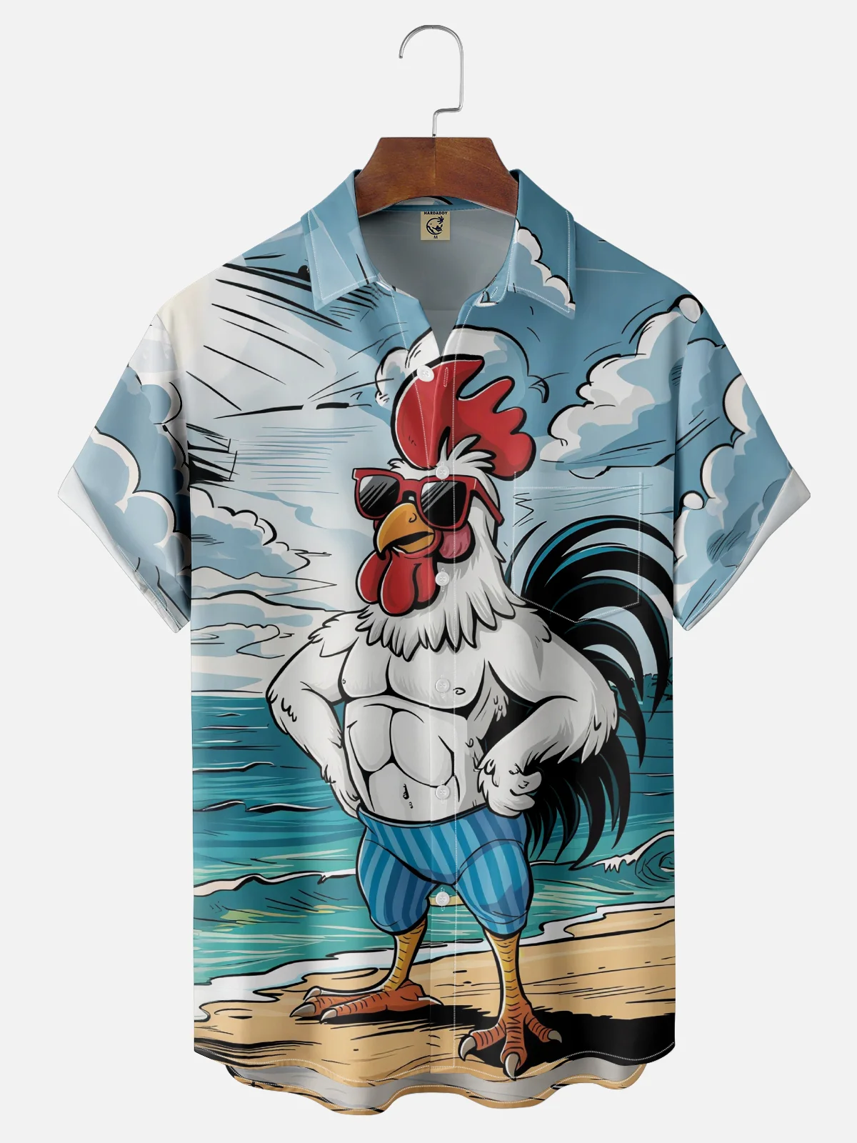 Moisture-Wicking Ombre Beach Chicken Chest Pocket Hawaiian Shirt