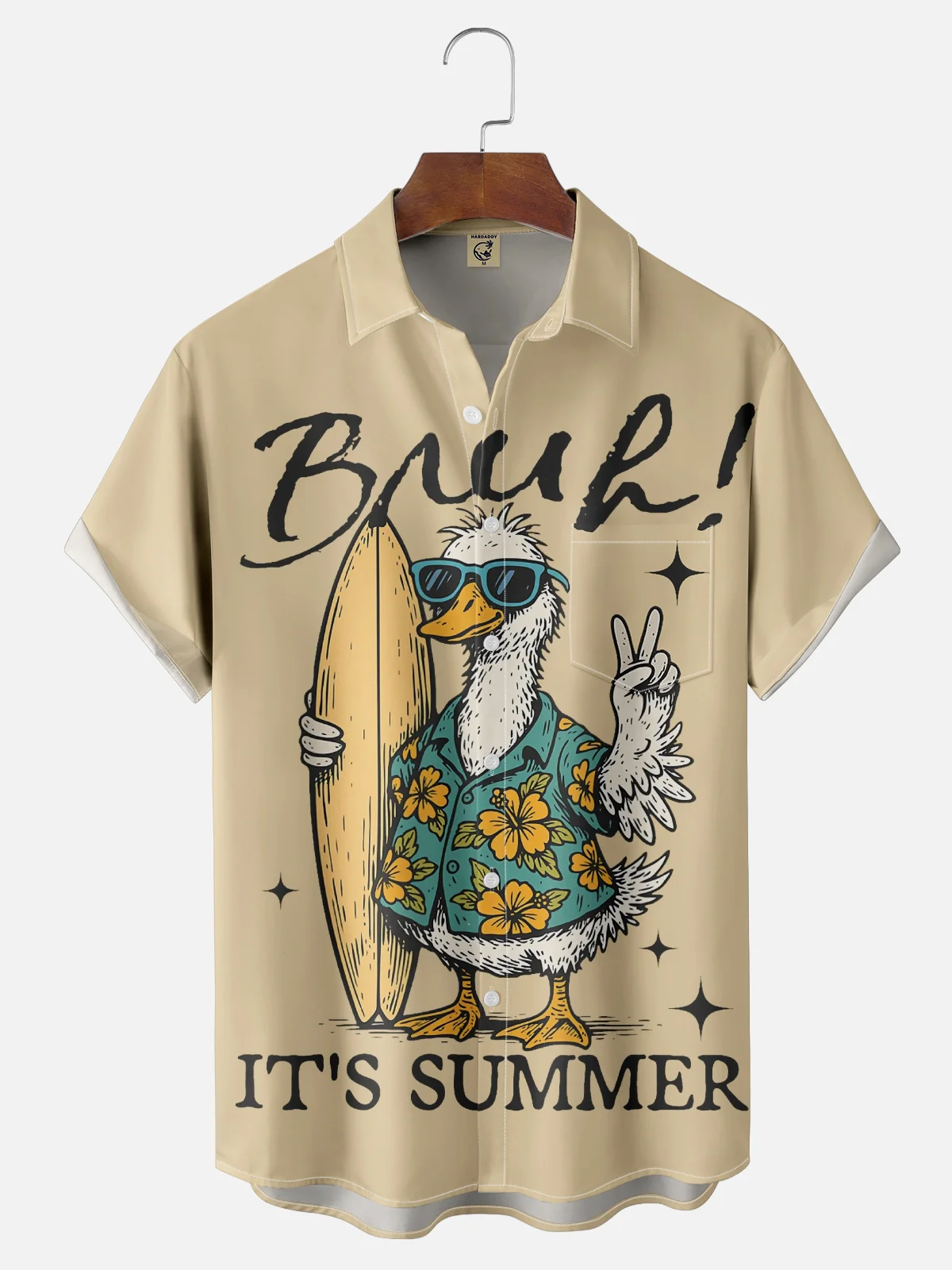 Moisture-Wicking Surfboard Duck Floral Chest Pocket Hawaiian Shirt