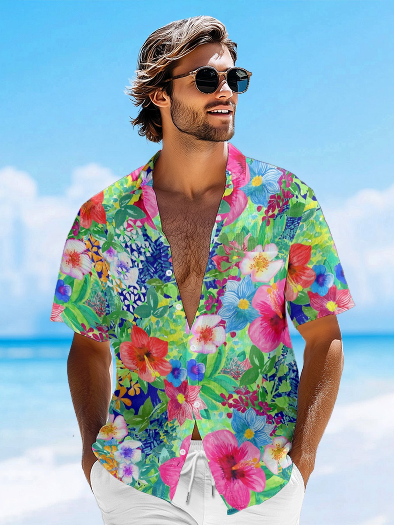 Moisture-wicking Floral Chest Pocket Hawaiian Shirt