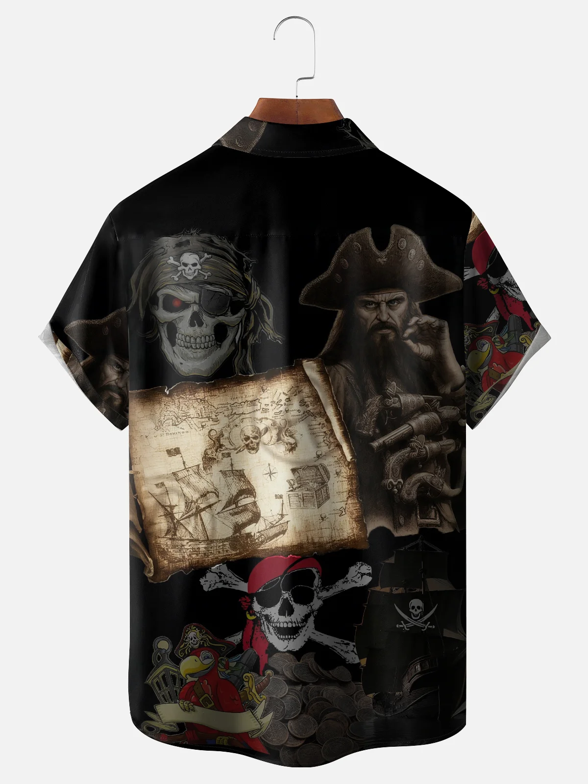 Moisture-Wicking Pirate Skull Map Chest Pocket Hawaiian Shirt