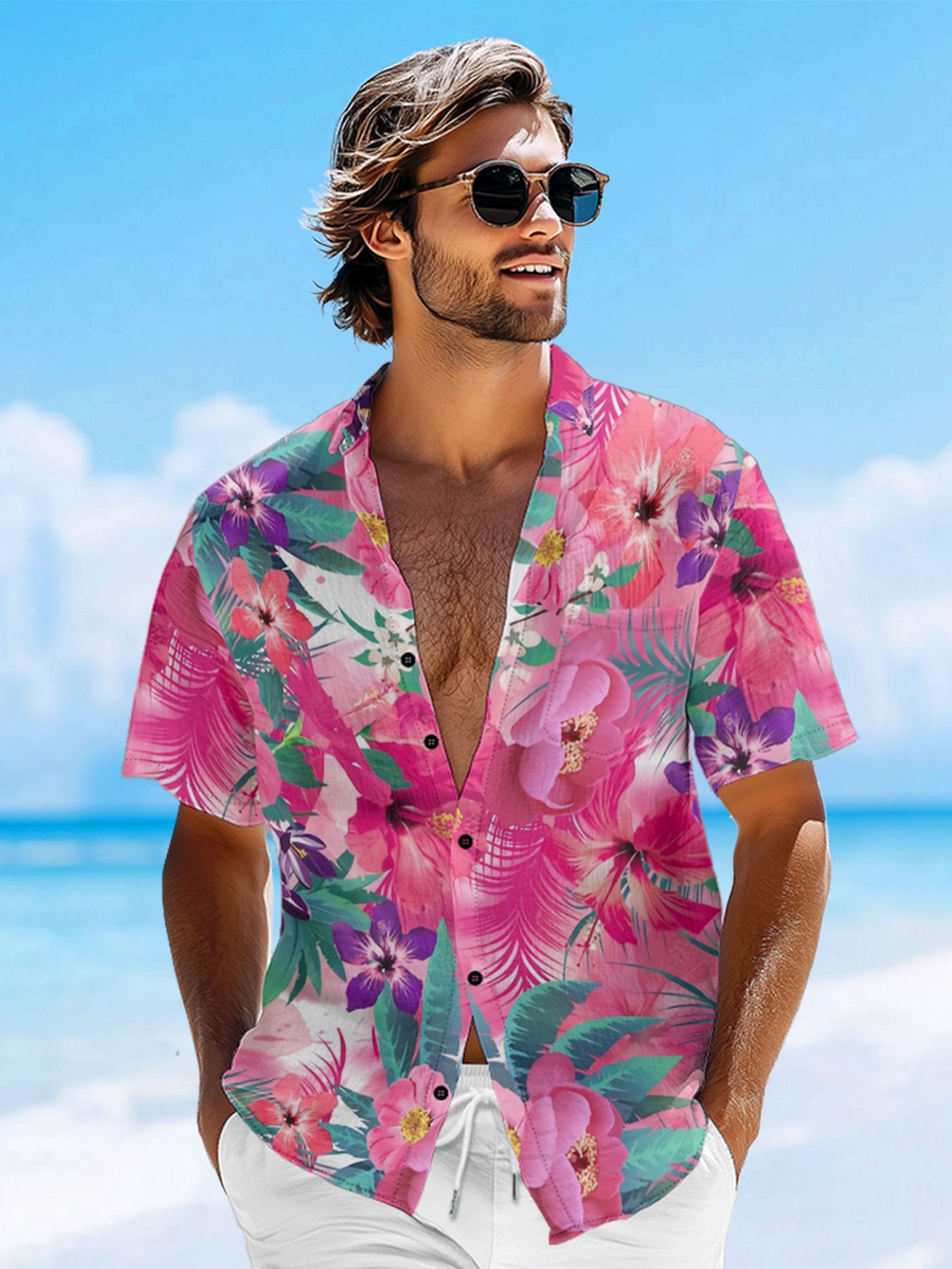 Moisture-wicking Tropical Floral Chest Pocket Hawaiian Shirt