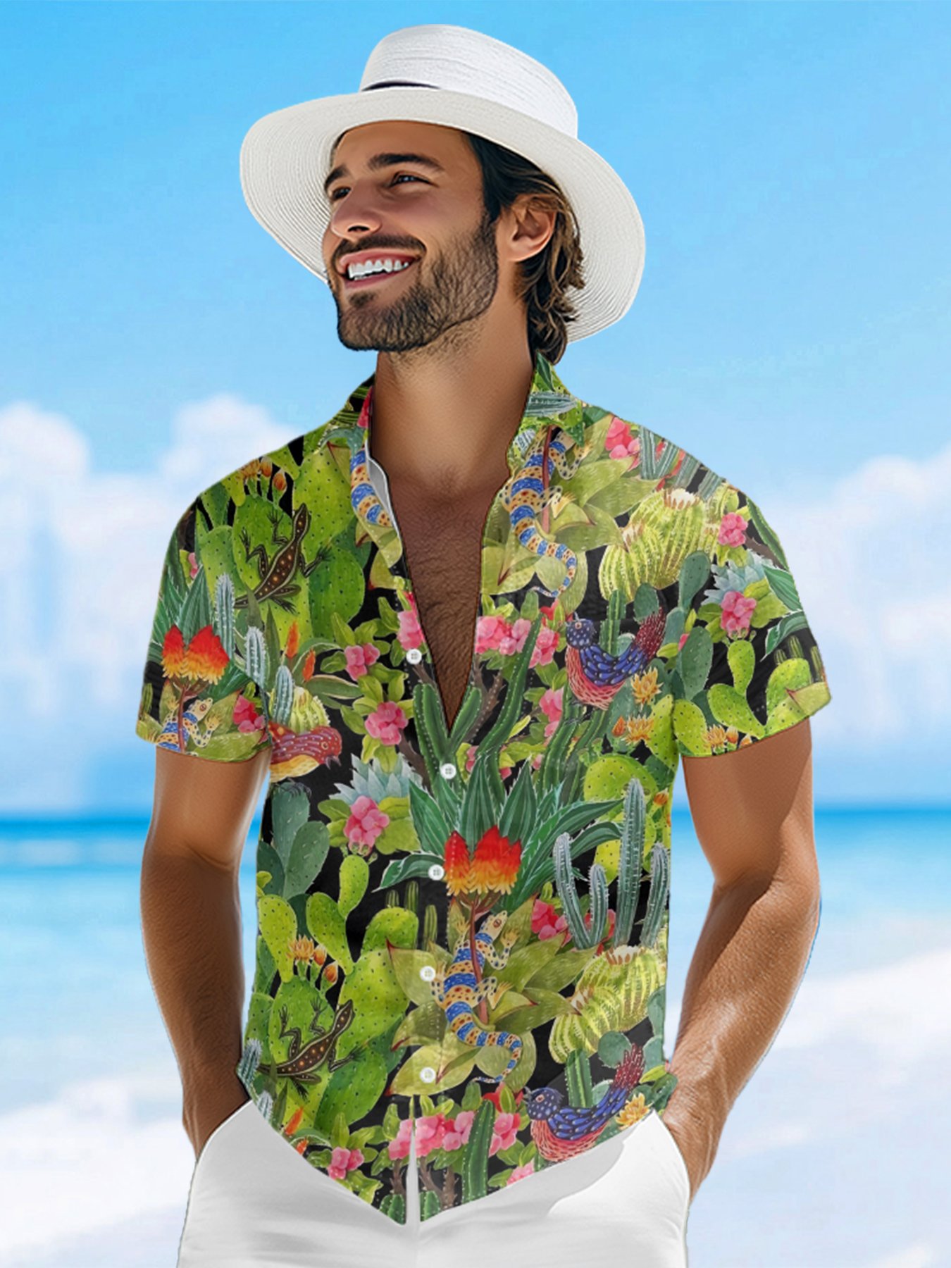 Moisture-wicking Cactus Lizard Chest Pocket Hawaiian Shirt