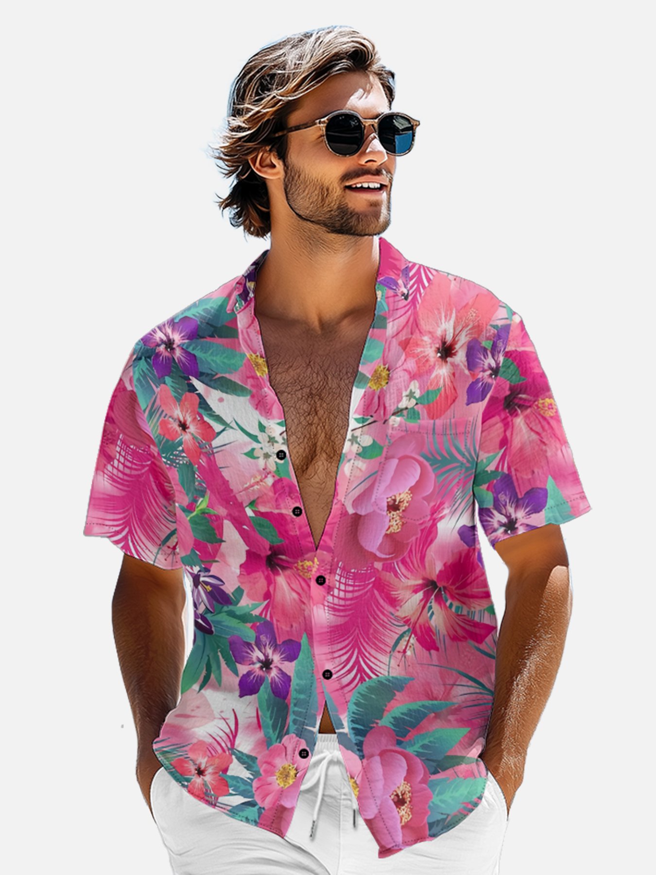Moisture-wicking Tropical Floral Chest Pocket Hawaiian Shirt