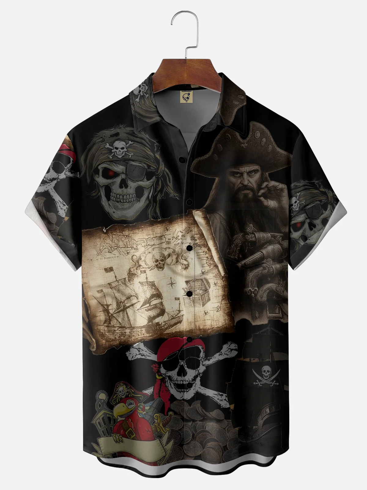 Moisture-Wicking Pirate Skull Map Chest Pocket Hawaiian Shirt
