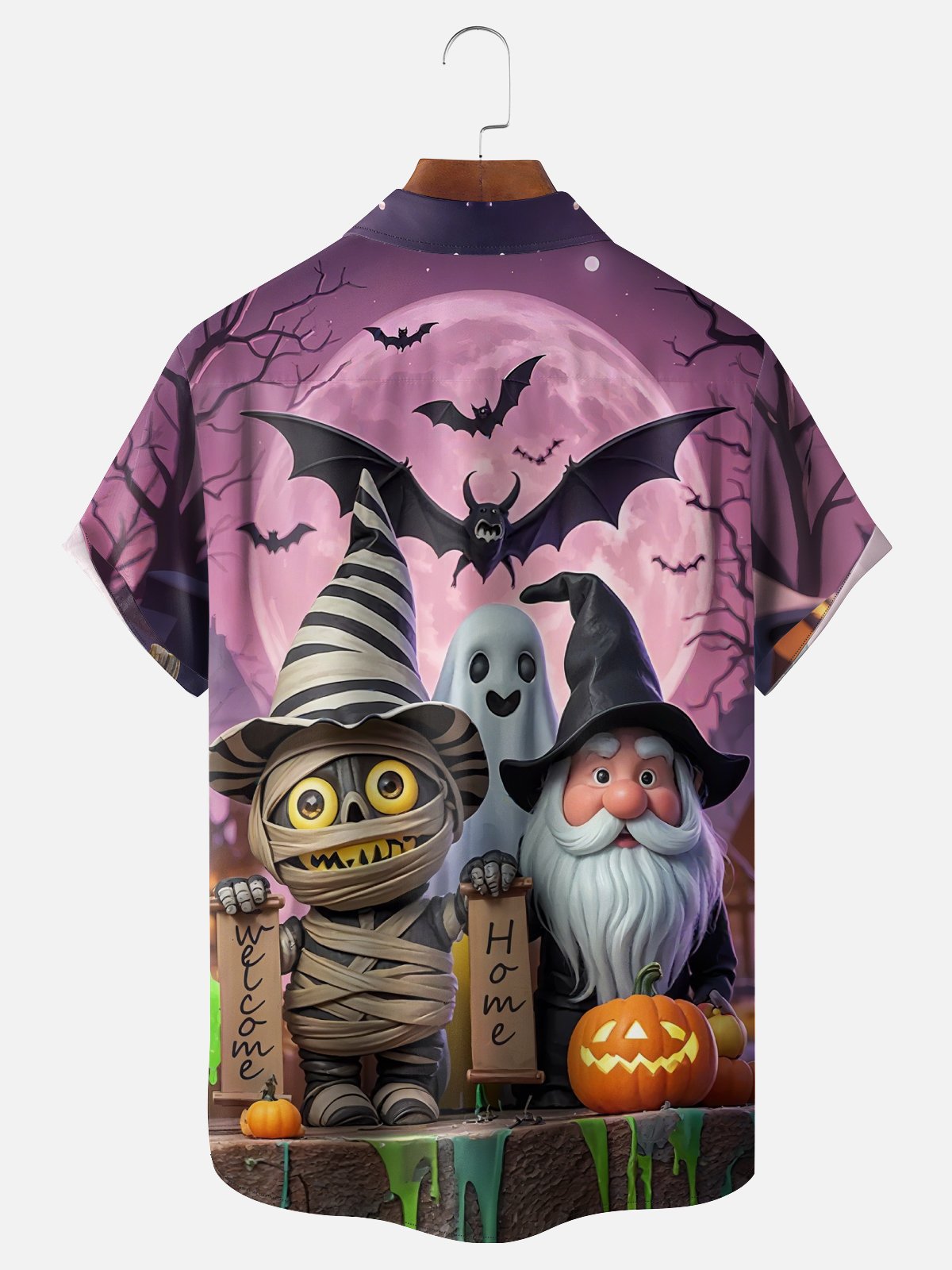 Moisture-Wicking Halloween Spooky Pumpkin Bat Gnome Chest Pocket Hawaiian Shirt