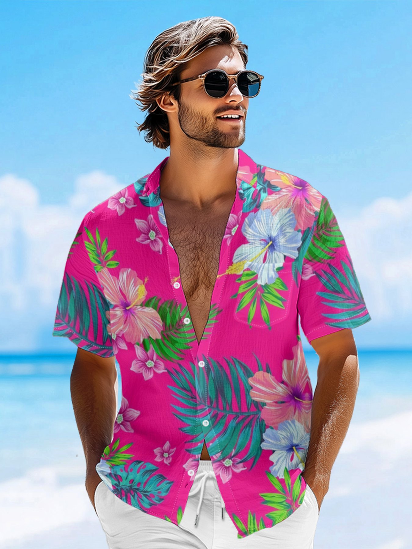 Moisture-wicking Floral Chest Pocket Hawaiian Shirt
