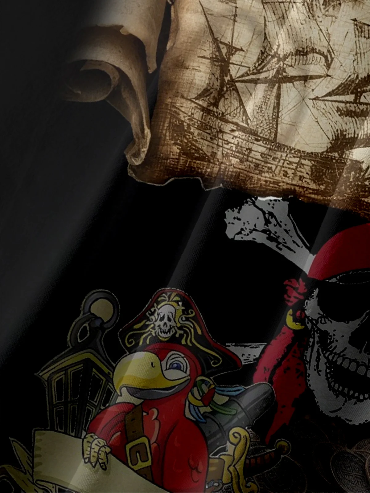 Moisture-Wicking Pirate Skull Map Chest Pocket Hawaiian Shirt