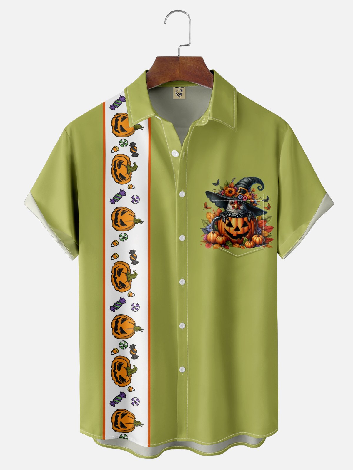 Moisture-wicking Halloween Pumpkin Chest Pocket Bowling Shirt