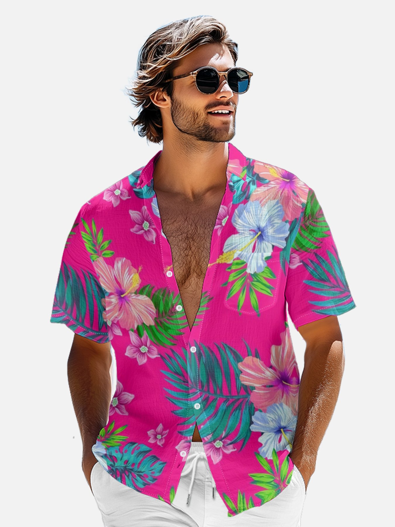 Moisture-wicking Floral Chest Pocket Hawaiian Shirt