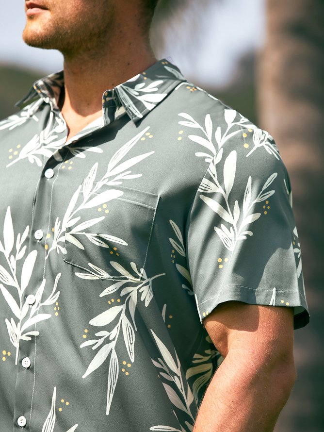 Tall Size Moisture-wicking Leaves Chest Pocket Hawaiian Shirt