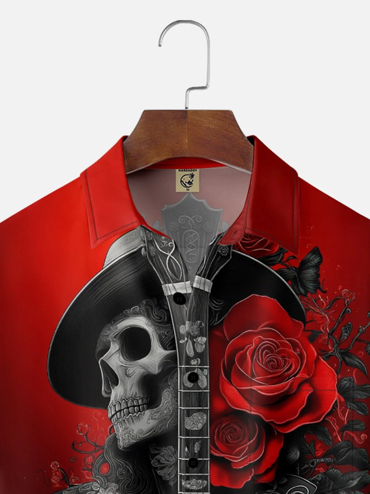 Tall Size Moisture-wicking Rock Skull Music Guiar Rose Chest Pocket Casual Shirt