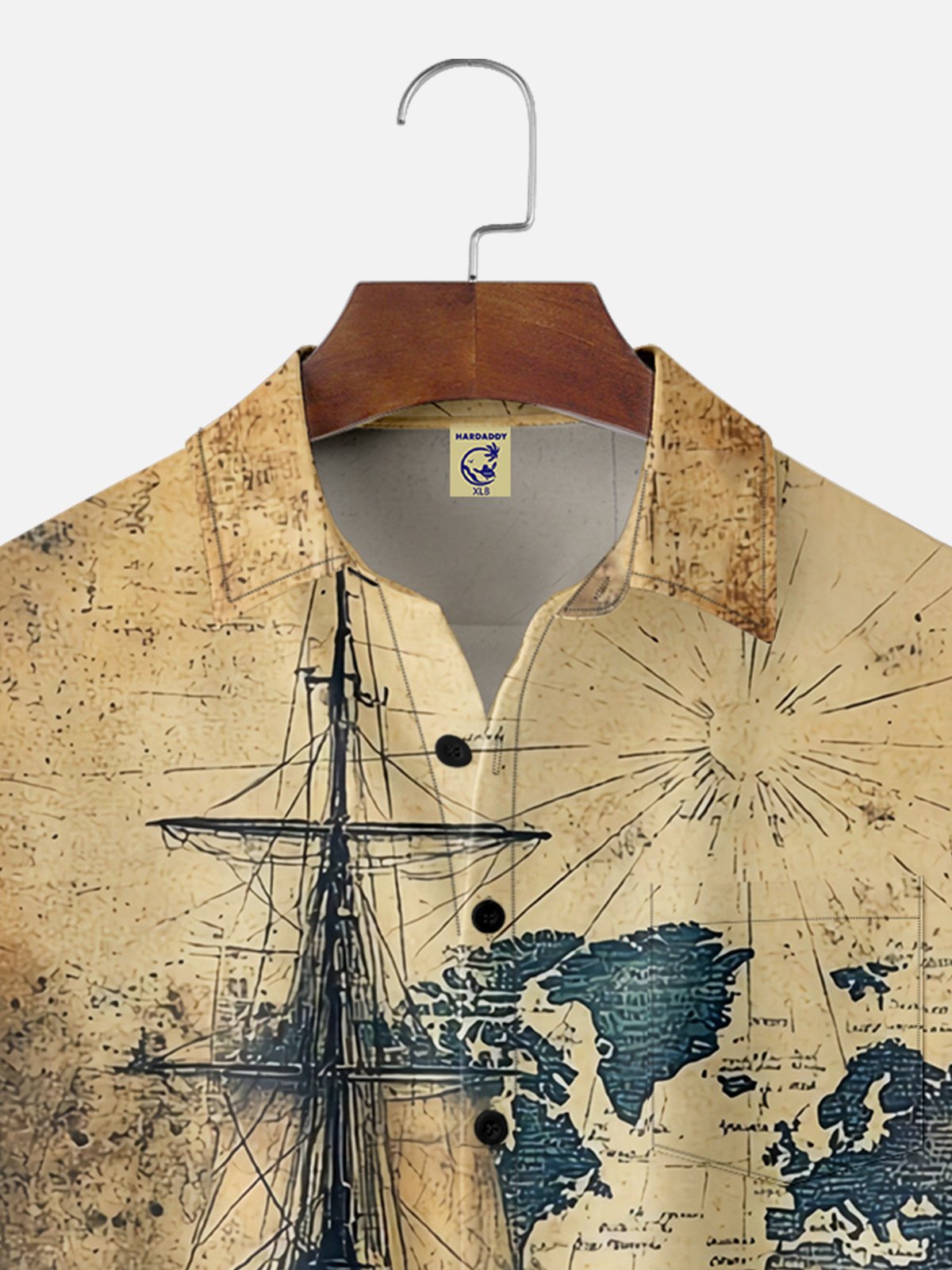 Big Size Moisture Wicking Vintage Map Sailboat Chest Pocket Hawaiian Shirt