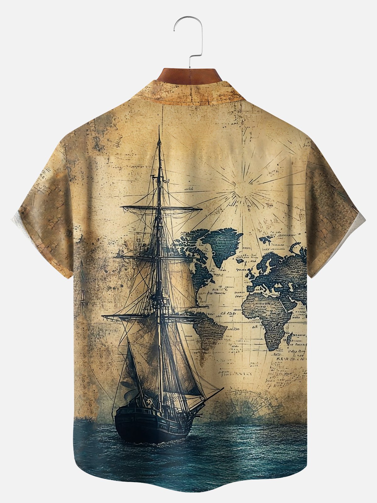 Big Size Moisture Wicking Vintage Map Sailboat Chest Pocket Hawaiian Shirt