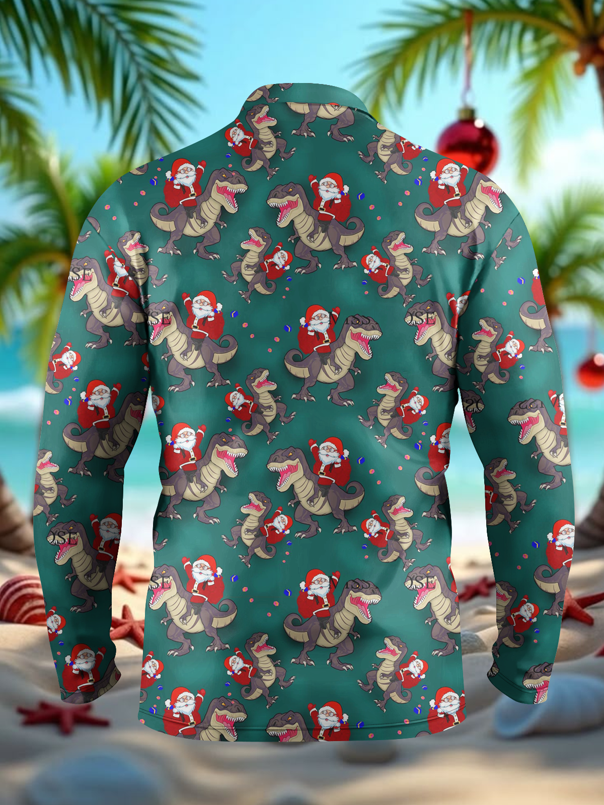 Moisture-Wicking Santa Dinosaur Long Sleeve Golf Polo