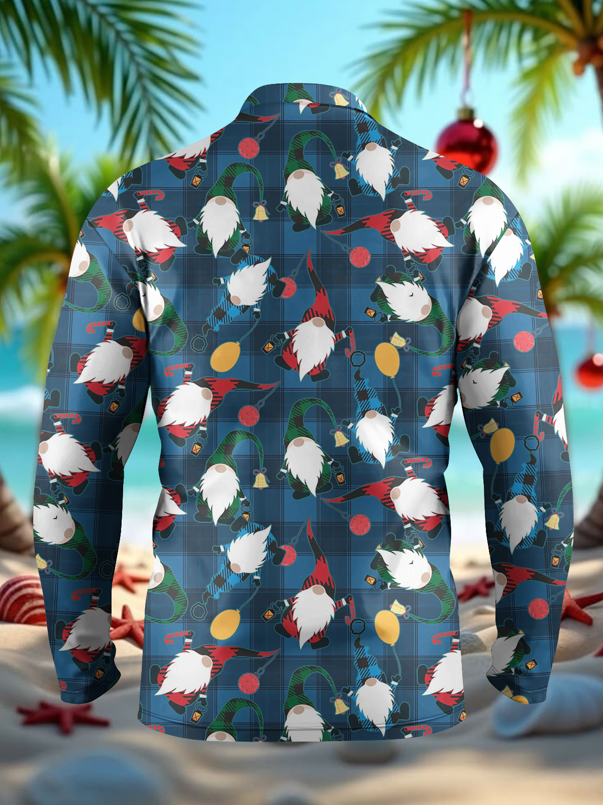 Moisture-Wicking Christmas Gnome Lights Plaid Long Sleeve Golf Polo