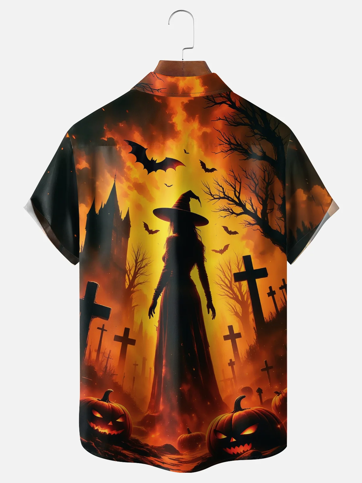 Moisture-wicking Halloween Witch Pumpkin Fun Chest Pocket Casual Shirt