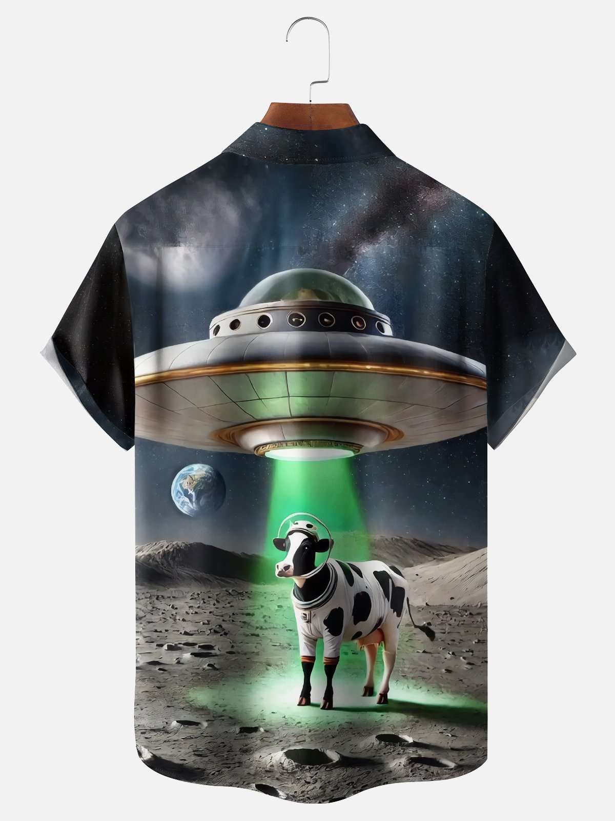 Moisture-wicking Funny Alien UFO Cow Chest Pocket Casual Shirt