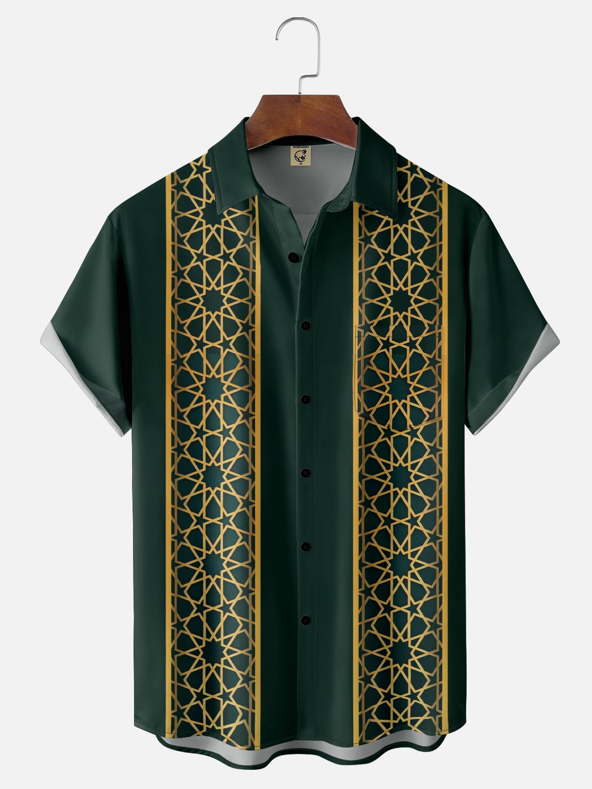 Moisture-Wicking Geometric Star Stripe Chest Pocket Bowling Shirt