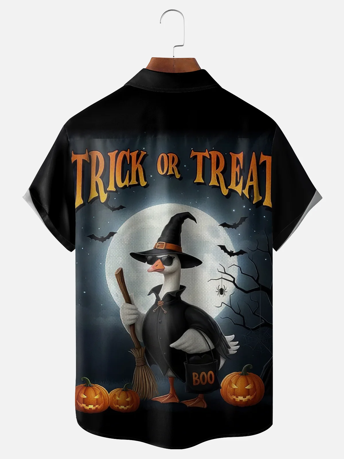 Moisture-Wicking Halloween Pumpkin Wizard Goose Chest Pocket Hawaiian Shirt