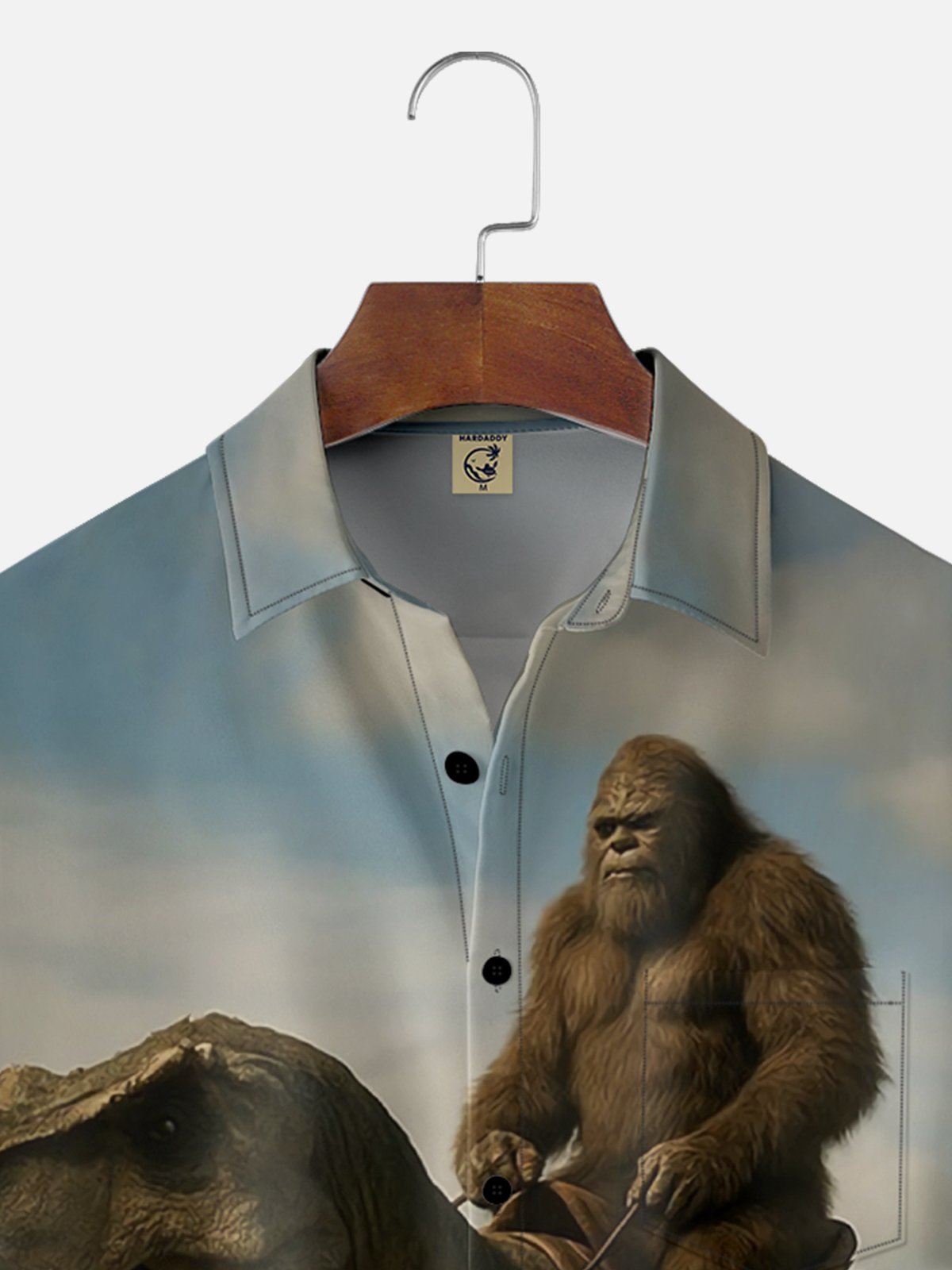 Moisture-wicking Bigfoot vs. Dinosaurs Fun Knight Jones Chest Pocket Hawaiian Shirt
