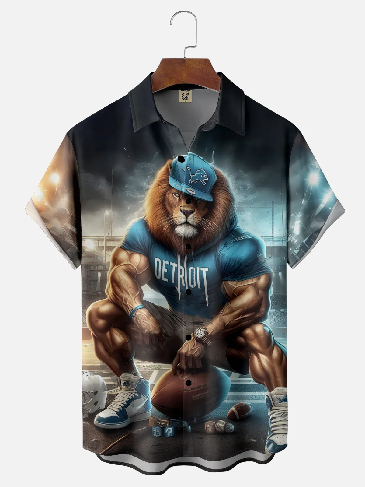 Moisture-wicking American Football Detroit Fun Art Lions Chest Pocket Casual Shirt
