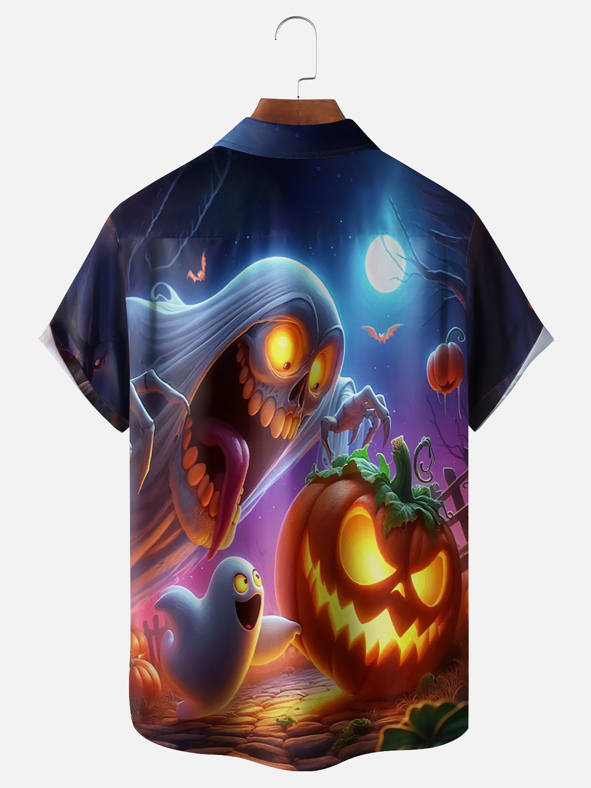 Moisture-Wicking Halloween Pumpkin Ghost Chest Pocket Hawaiian Shirt