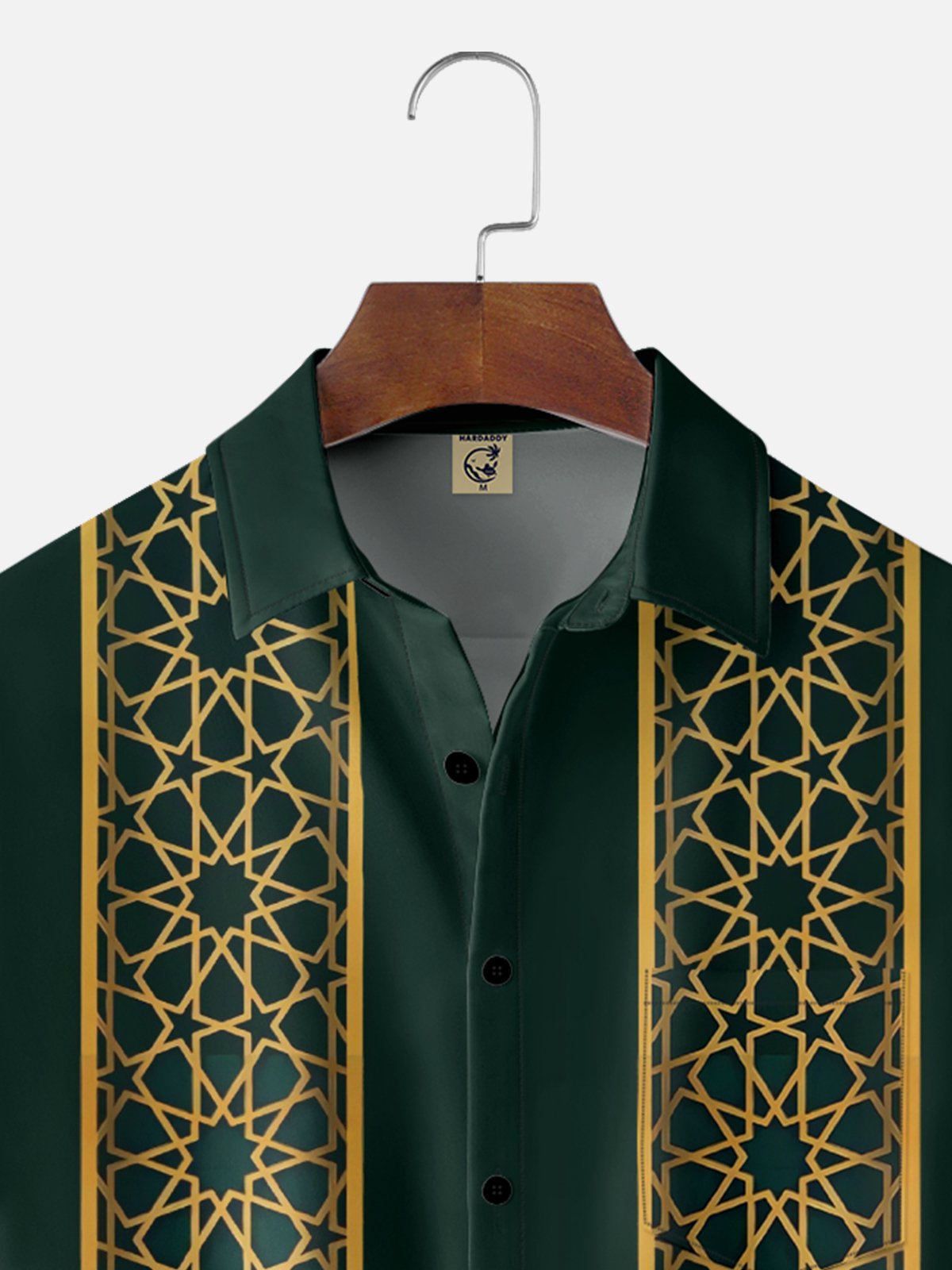 Moisture-Wicking Geometric Star Stripe Chest Pocket Bowling Shirt