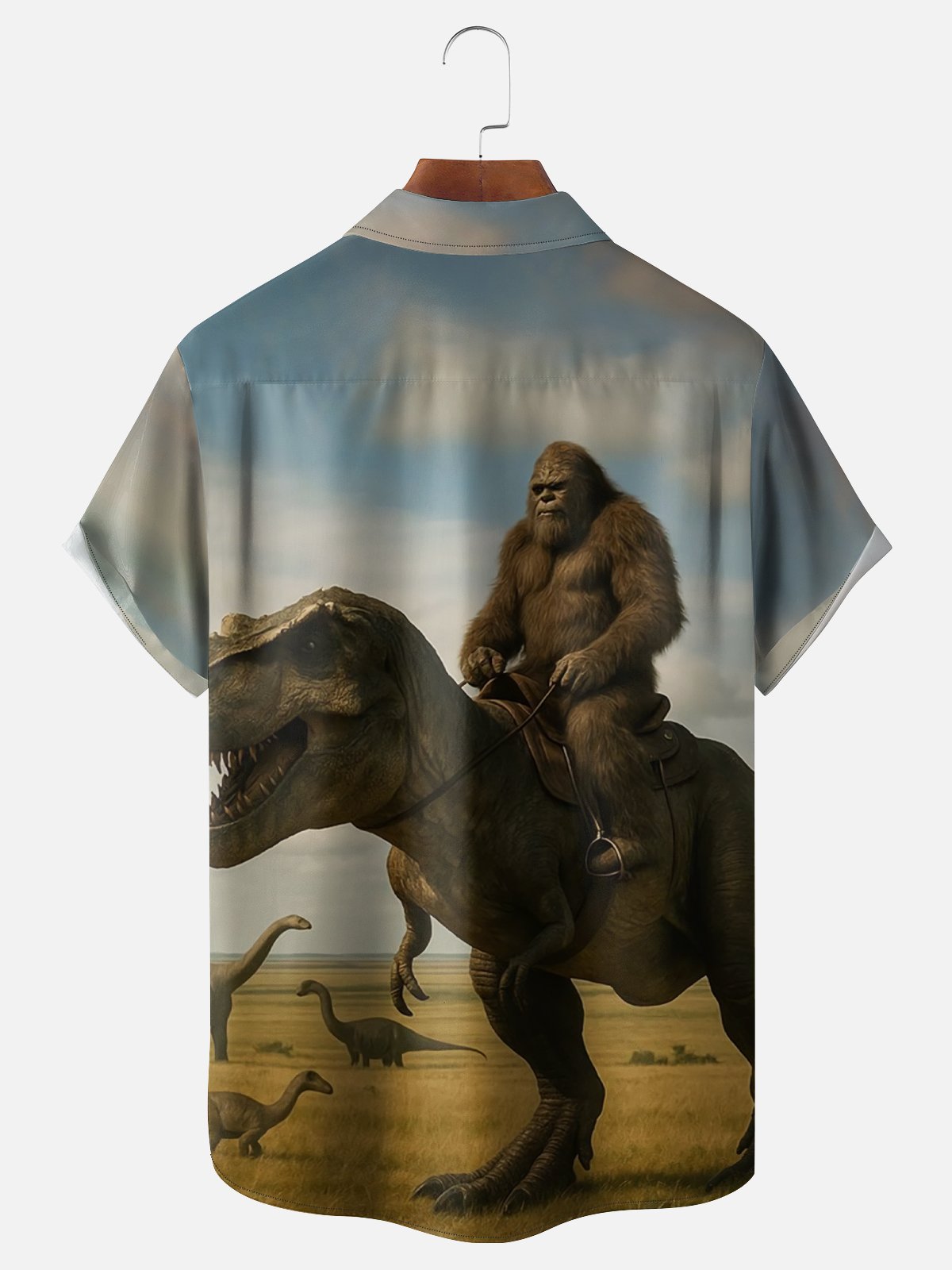 Moisture-wicking Bigfoot vs. Dinosaurs Fun Knight Jones Chest Pocket Hawaiian Shirt