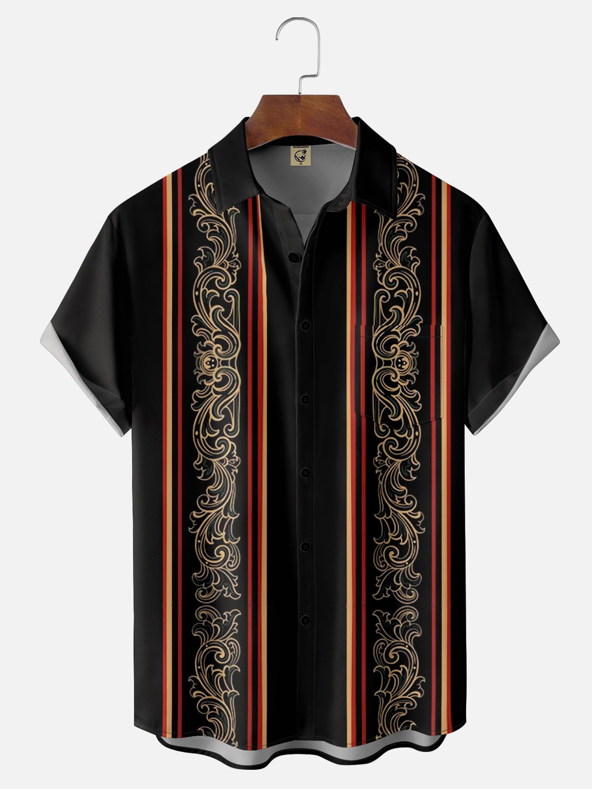 Moisture-Wicking Floral Stripe Chest Pocket Bowling Shirt