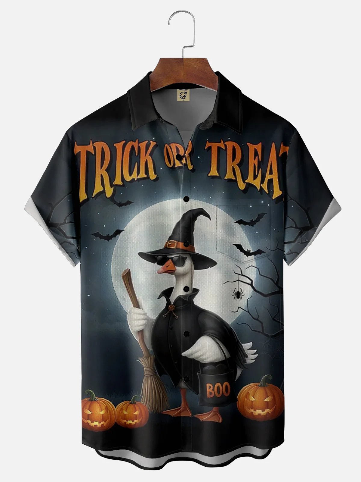 Moisture-Wicking Halloween Pumpkin Wizard Goose Chest Pocket Hawaiian Shirt