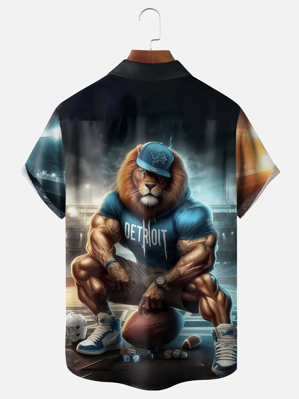 Moisture-wicking American Football Detroit Fun Art Lions Chest Pocket Casual Shirt
