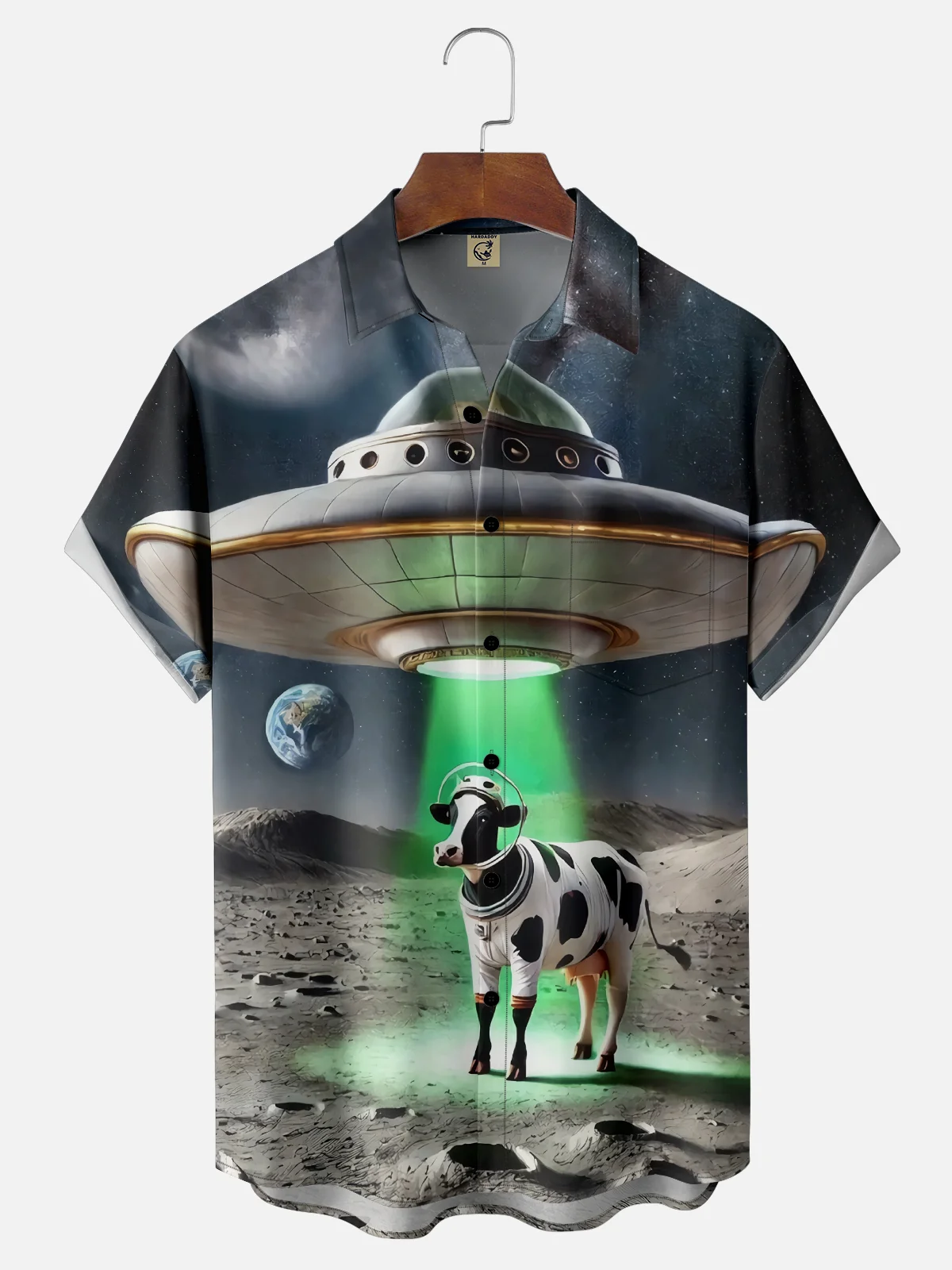 Moisture-wicking Funny Alien UFO Cow Chest Pocket Casual Shirt
