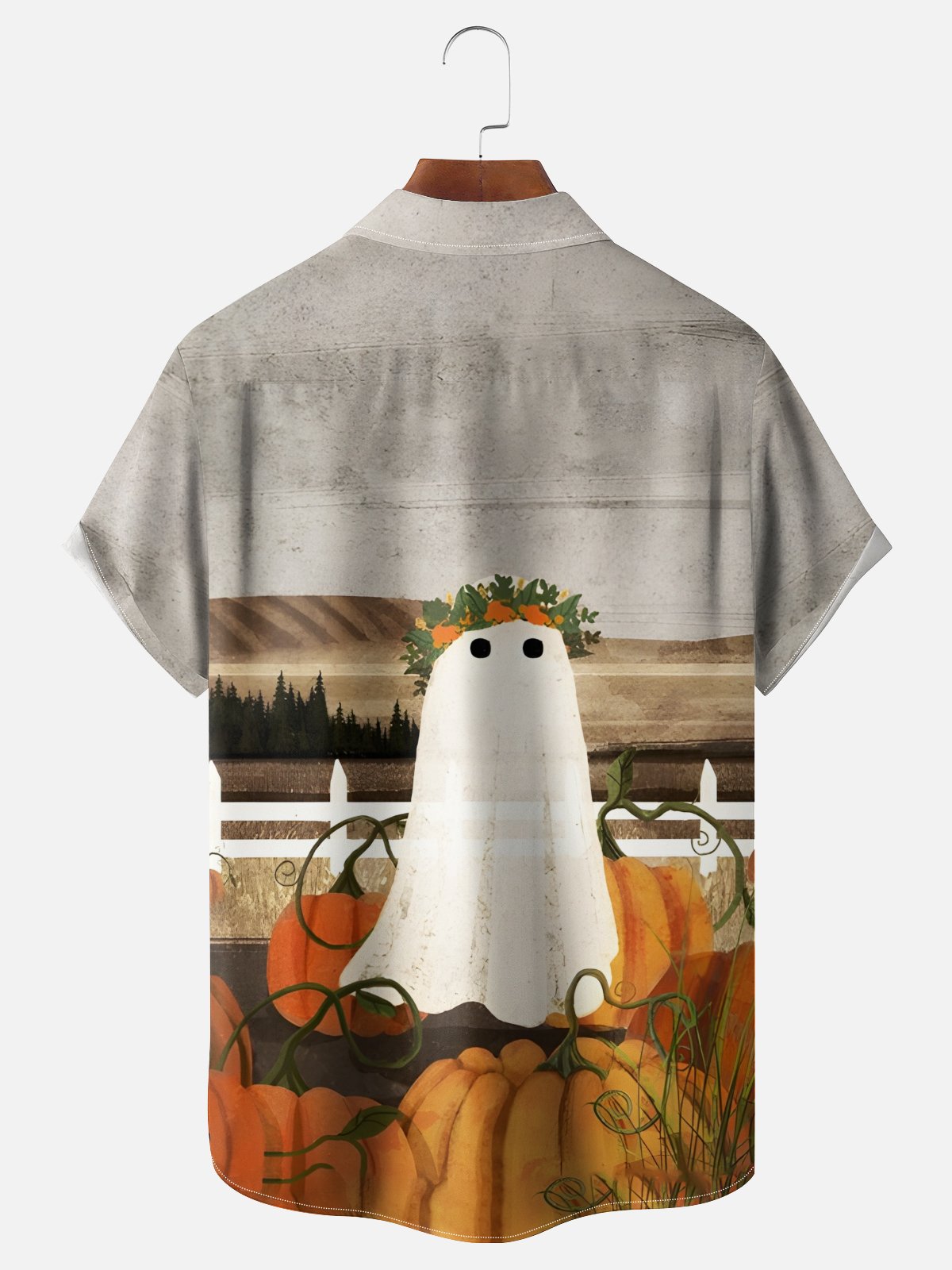Moisture Wicking Halloween Ghost Pumpkin Abstract Art Chest Pocket Hawaiian Shirt