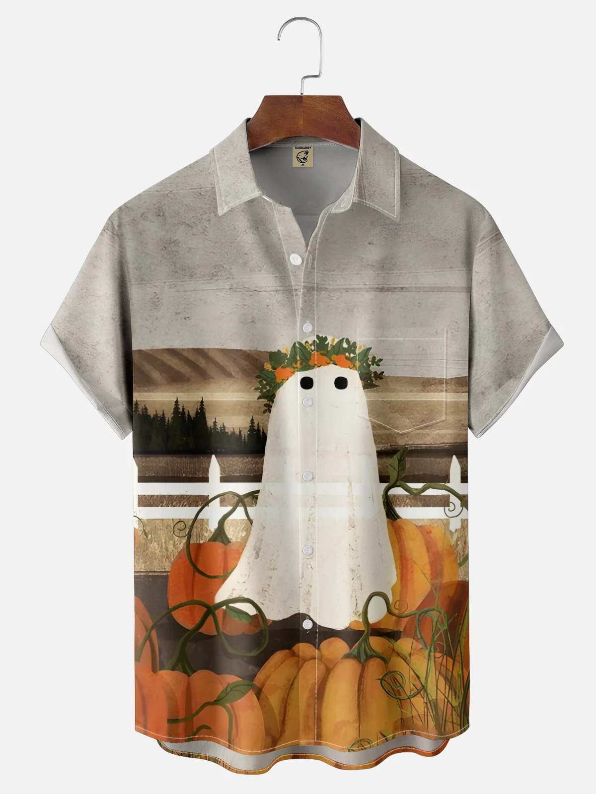 Moisture Wicking Halloween Ghost Pumpkin Abstract Art Chest Pocket Hawaiian Shirt