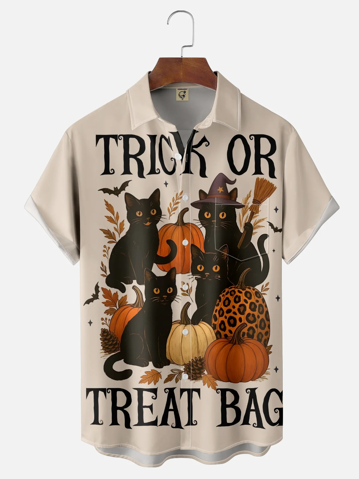 Moisture-Wicking Halloween Black Cat Pumpkin Chest Pocket Hawaiian Shirt