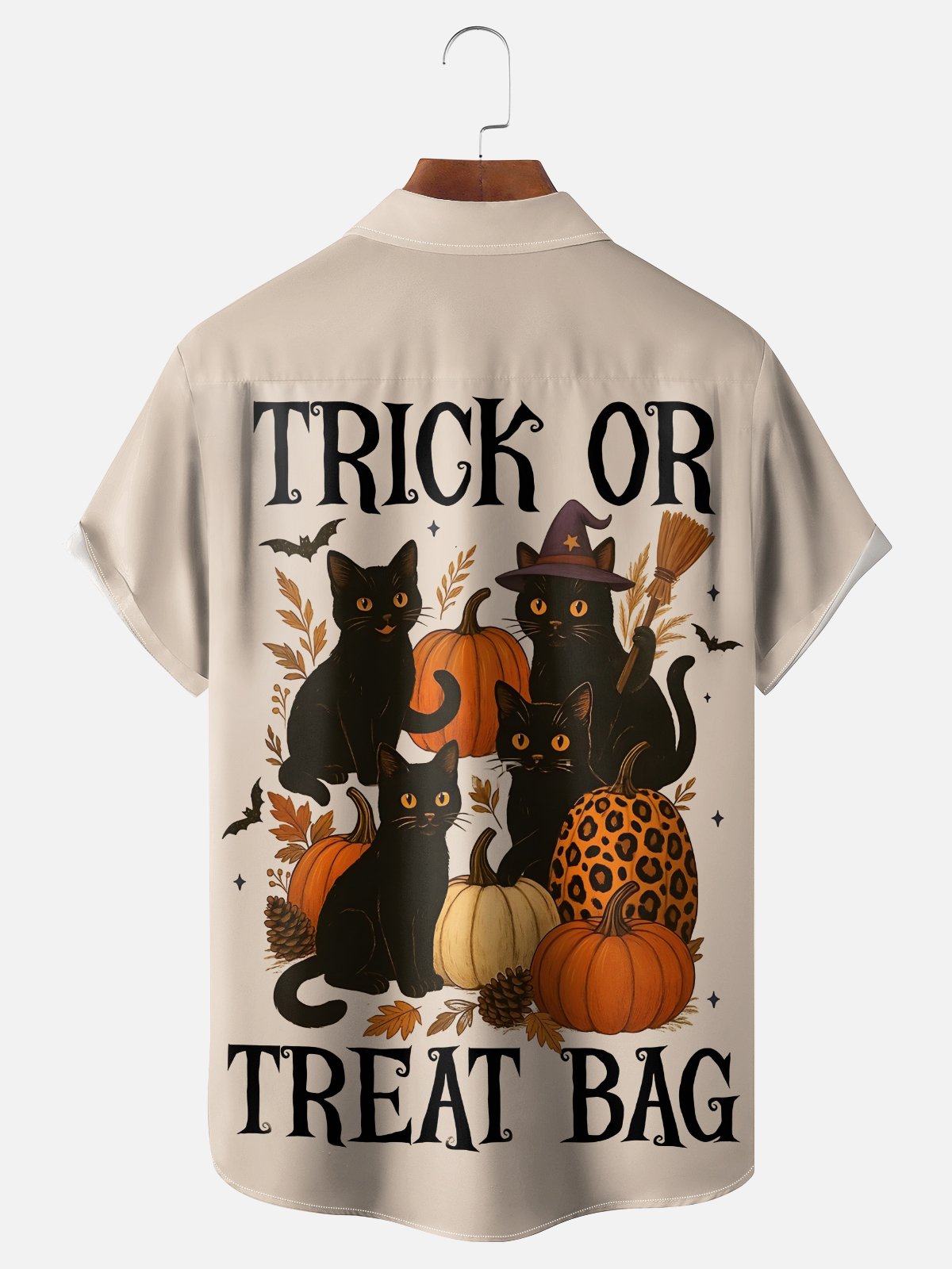 Moisture-Wicking Halloween Black Cat Pumpkin Chest Pocket Hawaiian Shirt