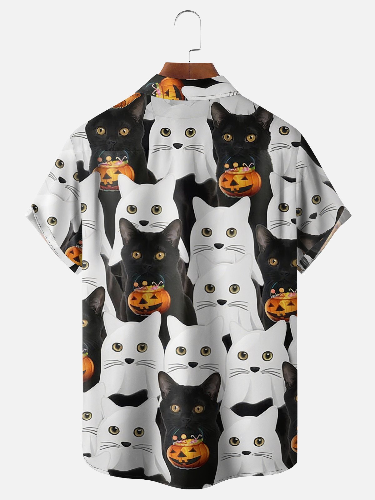 Moisture-Wicking Halloween Pumpkin Cat Chest Pocket Hawaiian Shirt