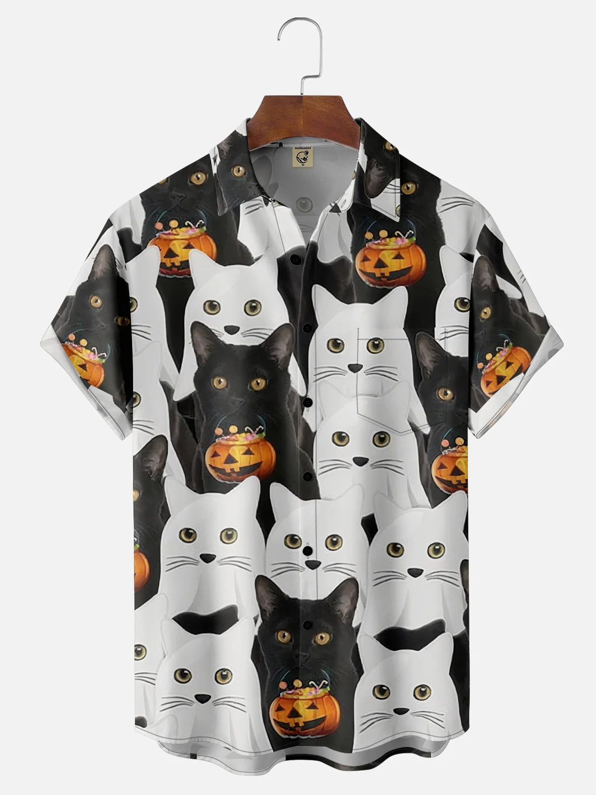 Moisture-Wicking Halloween Pumpkin Cat Chest Pocket Hawaiian Shirt