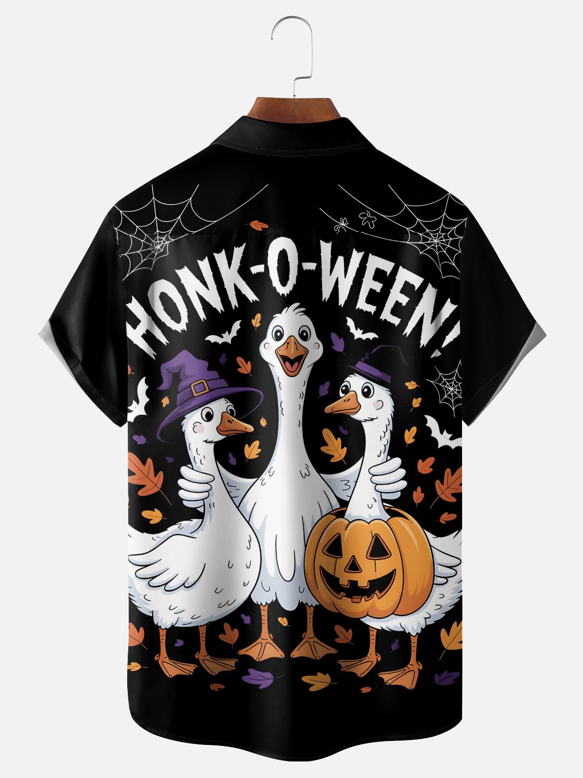 Moisture-Wicking Fun Halloween Goose Pumpkin Bat Chest Pocket Hawaiian Shirt