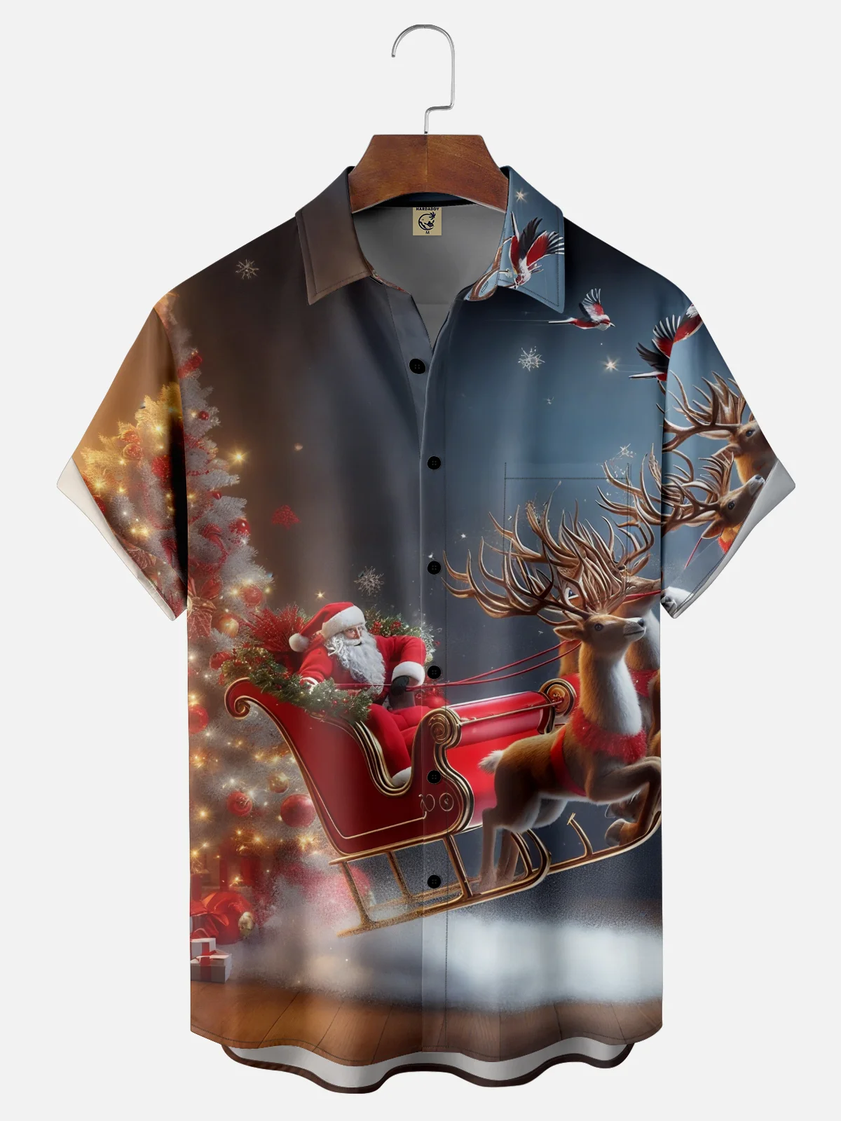 Moisture-Wicking Santa Claus Sleigh Christmas Tree Chest Pocket Hawaiian Shirt