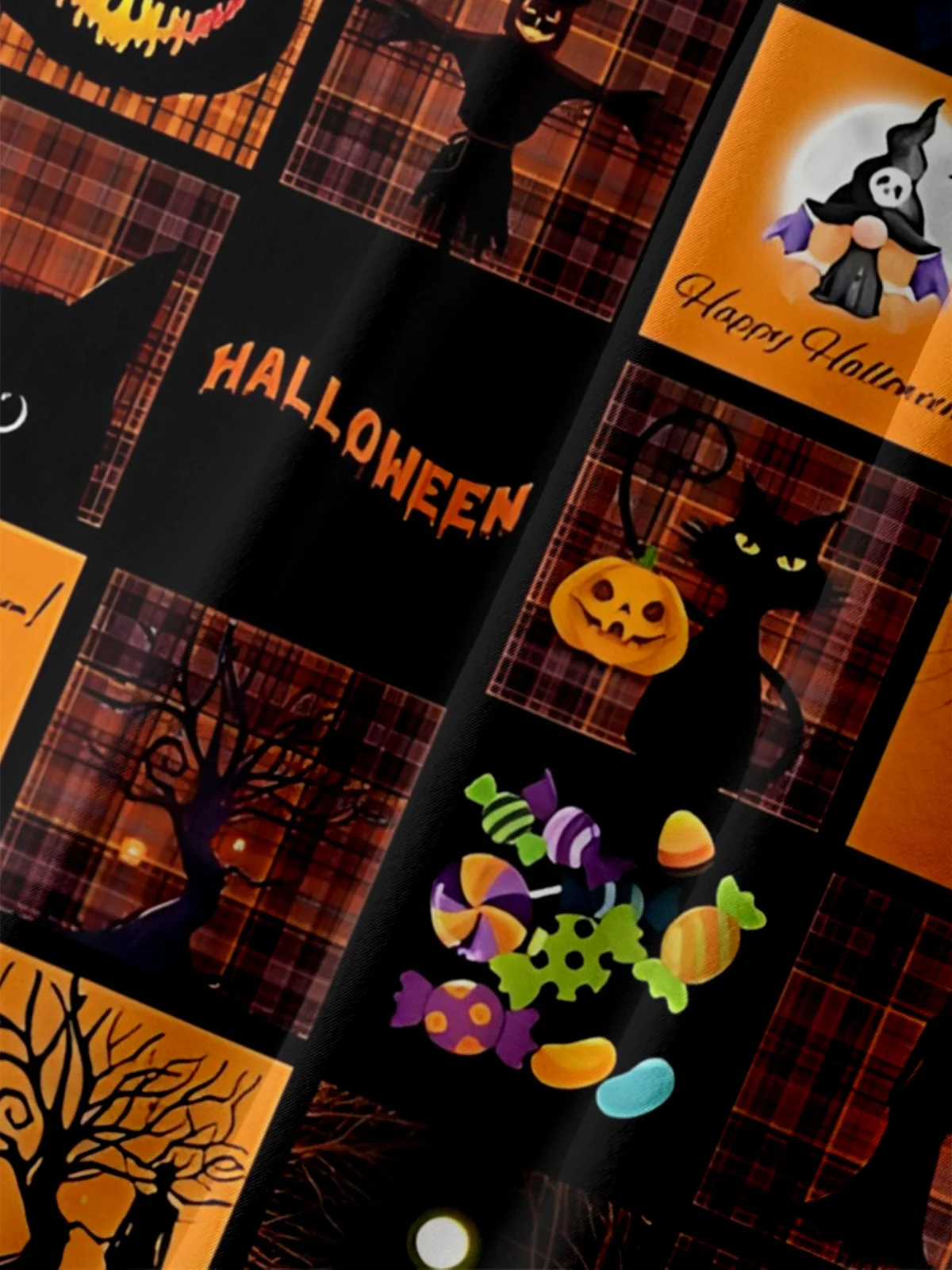 Moisture-Wicking Halloween Gradient Pumpkin And Black Cat Checkered Chest Pocket Hawaiian Shirt